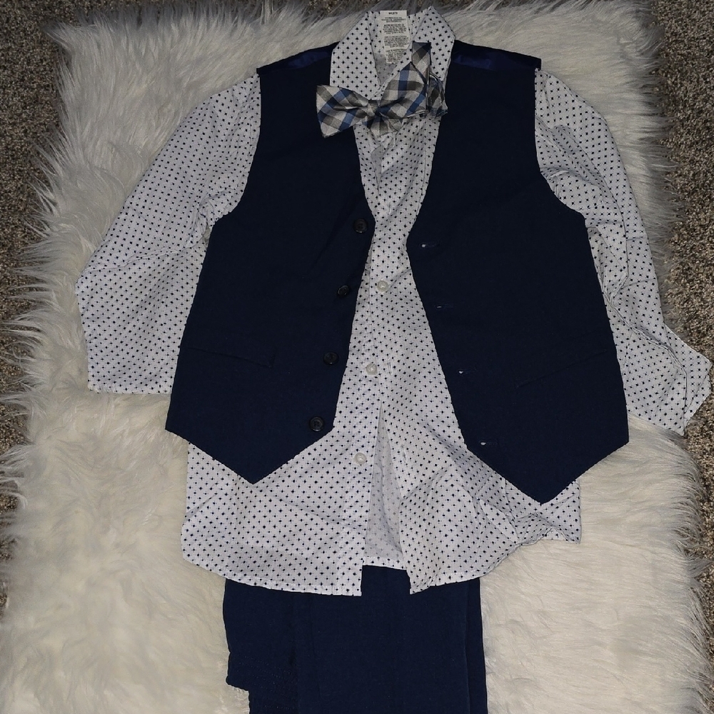 Kid''s Navy Blue Suit Set with Polka Dot Shirt 4pc Set.